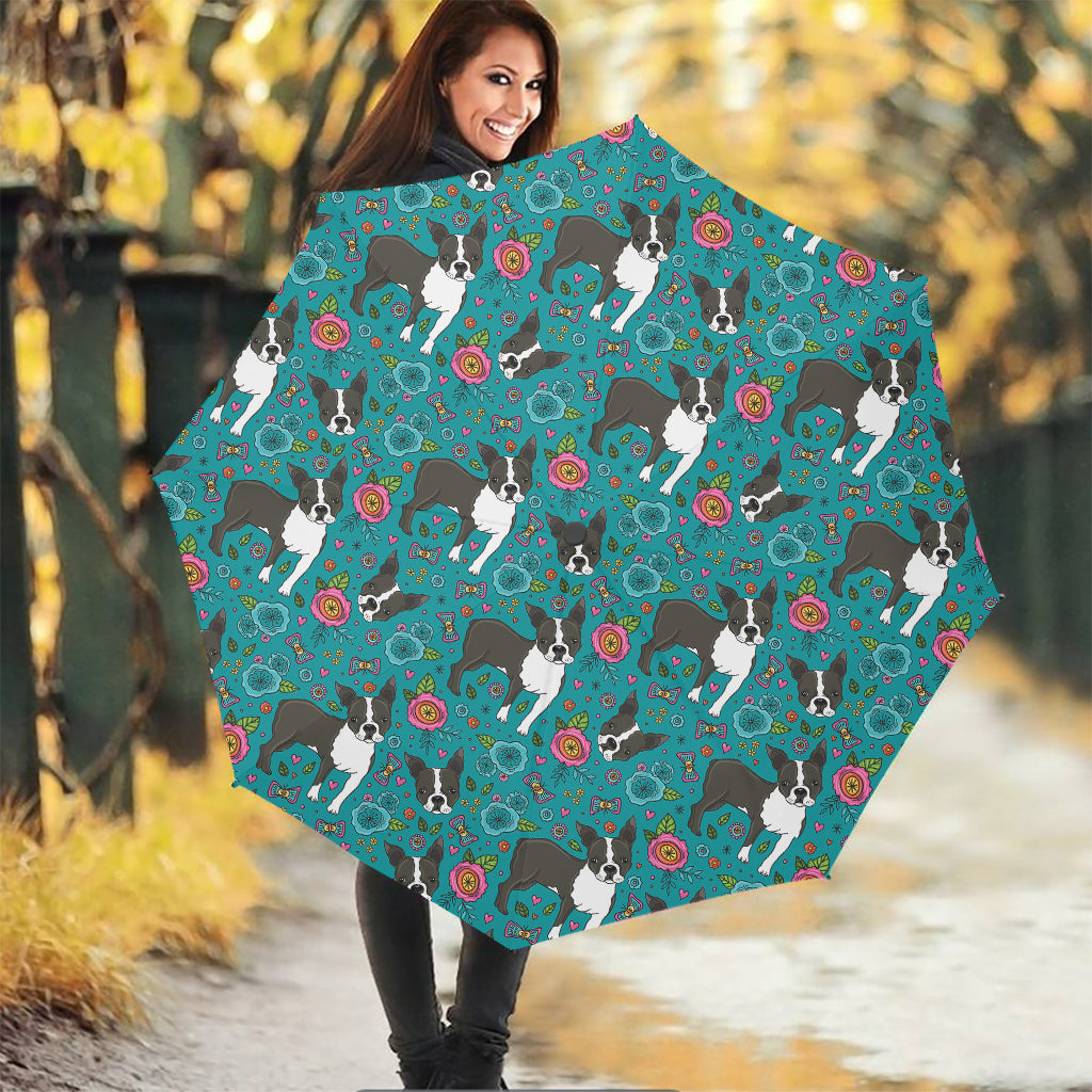 Cartoon Boston Terrier Flower Print Foldable Umbrella