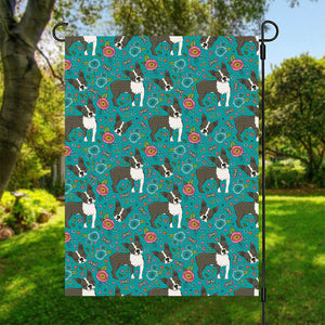 Cartoon Boston Terrier Flower Print Garden Flag