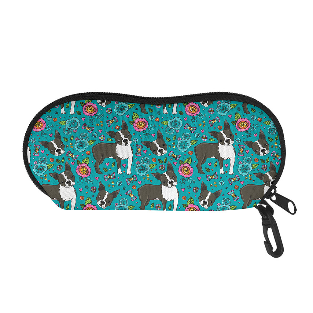 Cartoon Boston Terrier Flower Print Glasses Case