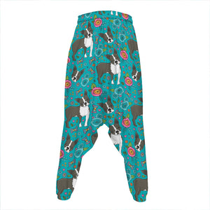 Cartoon Boston Terrier Flower Print Hammer Pants