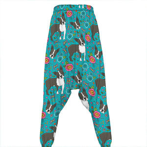 Cartoon Boston Terrier Flower Print Hammer Pants