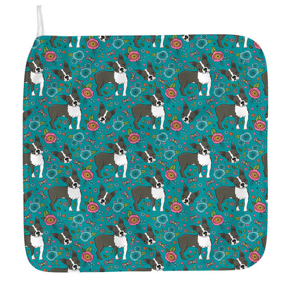 Cartoon Boston Terrier Flower Print Hand Towel