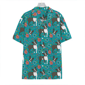 Cartoon Boston Terrier Flower Print Hawaiian Shirt