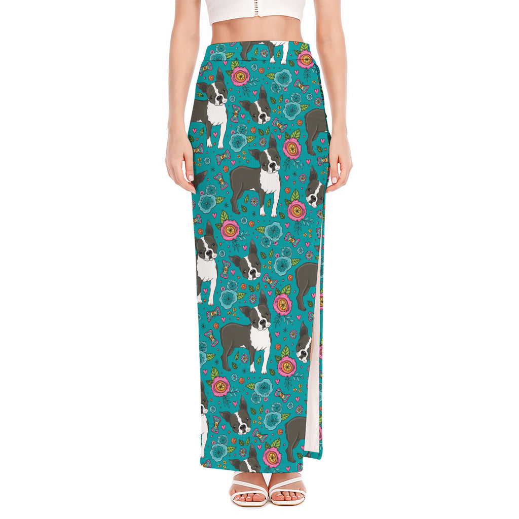 Cartoon Boston Terrier Flower Print High Slit Maxi Skirt