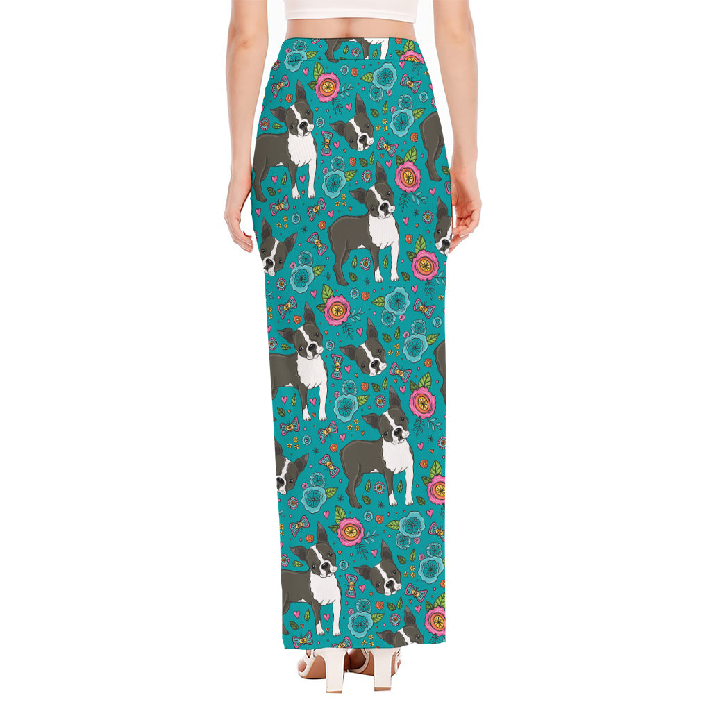 Cartoon Boston Terrier Flower Print High Slit Maxi Skirt