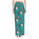 Cartoon Boston Terrier Flower Print High Slit Maxi Skirt