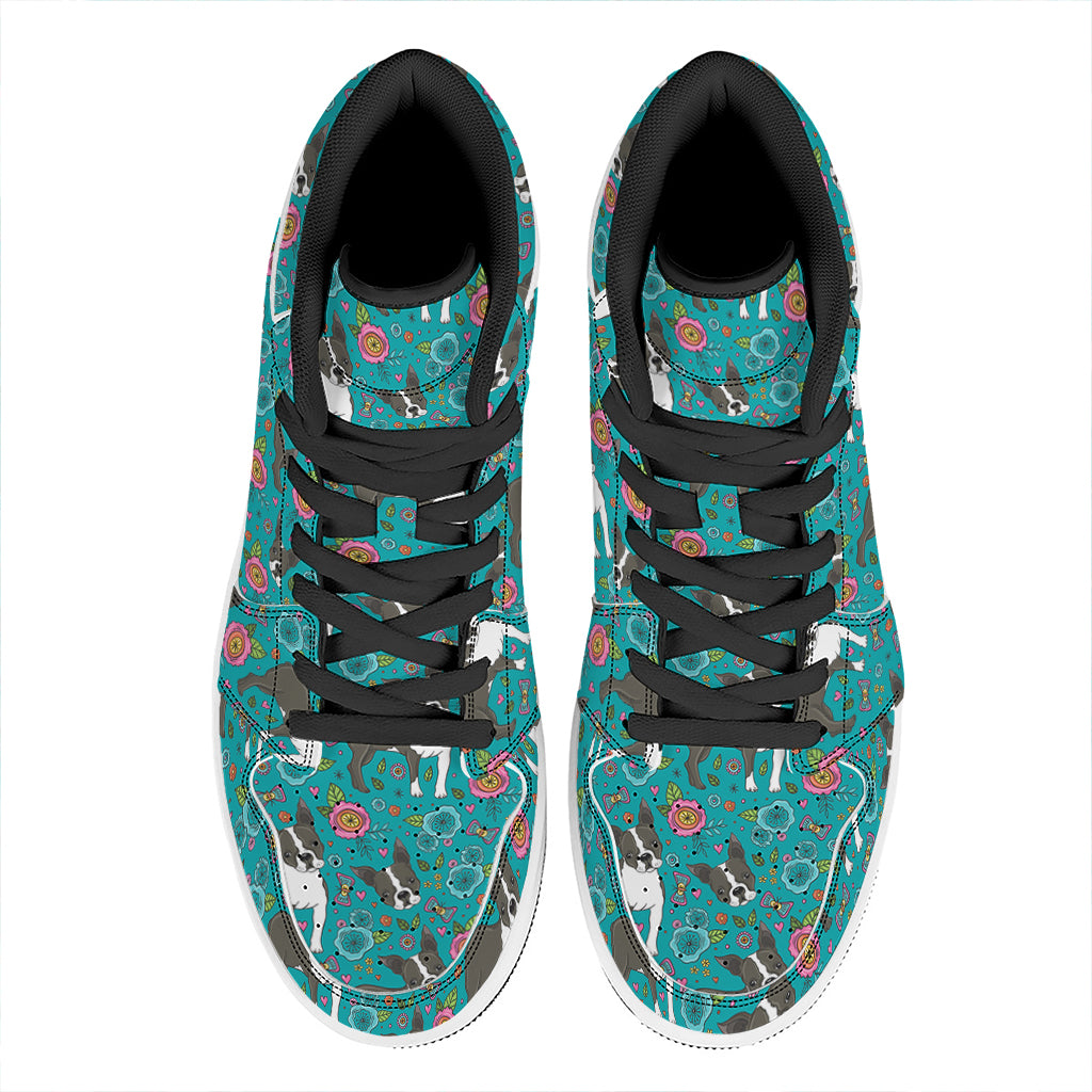 Cartoon Boston Terrier Flower Print High Top Leather Sneakers