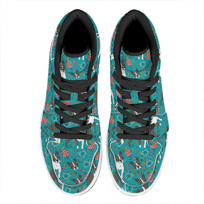 Cartoon Boston Terrier Flower Print High Top Leather Sneakers