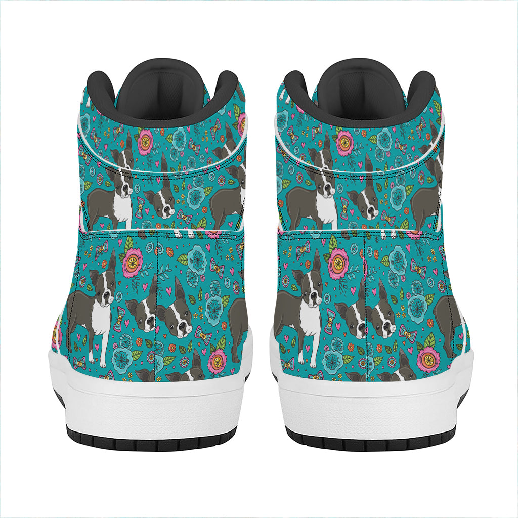 Cartoon Boston Terrier Flower Print High Top Leather Sneakers