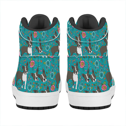 Cartoon Boston Terrier Flower Print High Top Leather Sneakers