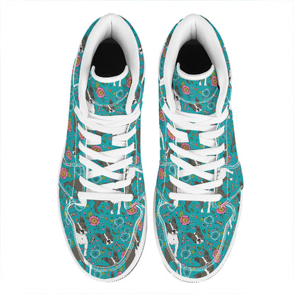 Cartoon Boston Terrier Flower Print High Top Leather Sneakers