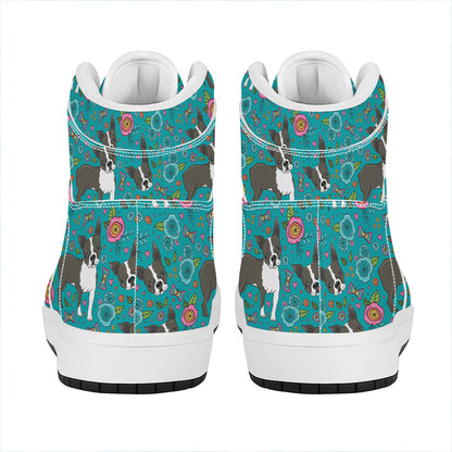 Cartoon Boston Terrier Flower Print High Top Leather Sneakers