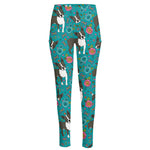 Cartoon Boston Terrier Flower Print High-Waisted Pocket Leggings