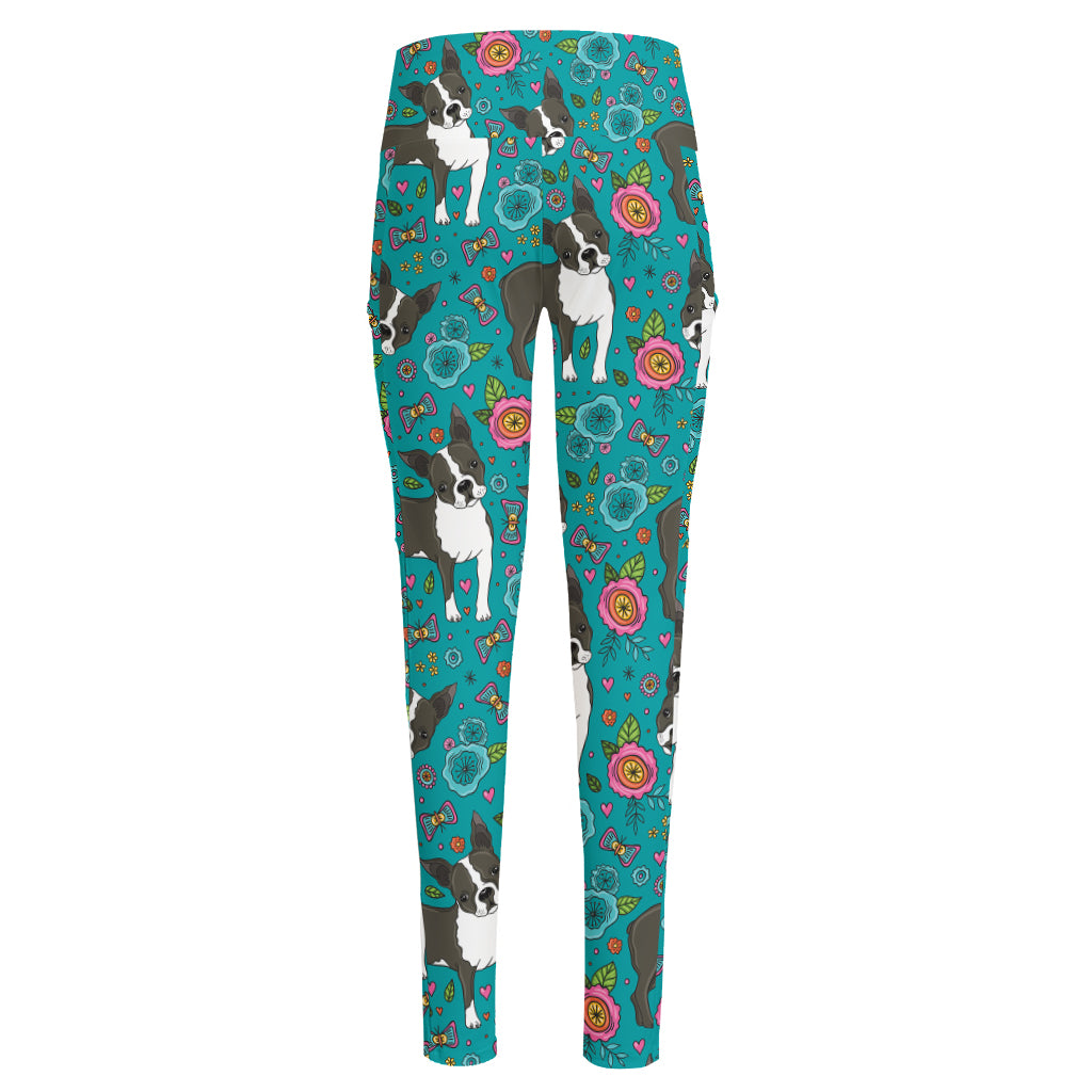 Cartoon Boston Terrier Flower Print High-Waisted Pocket Leggings