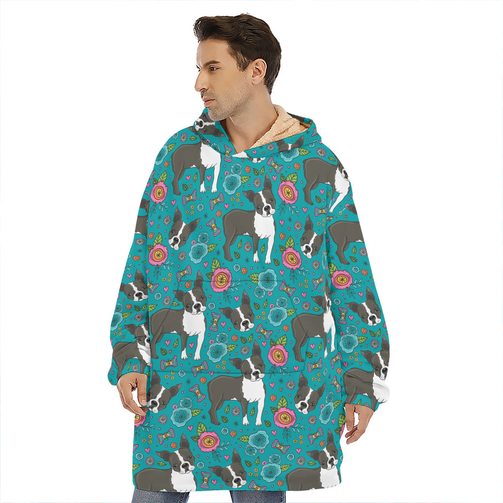 Cartoon Boston Terrier Flower Print Hoodie Blanket