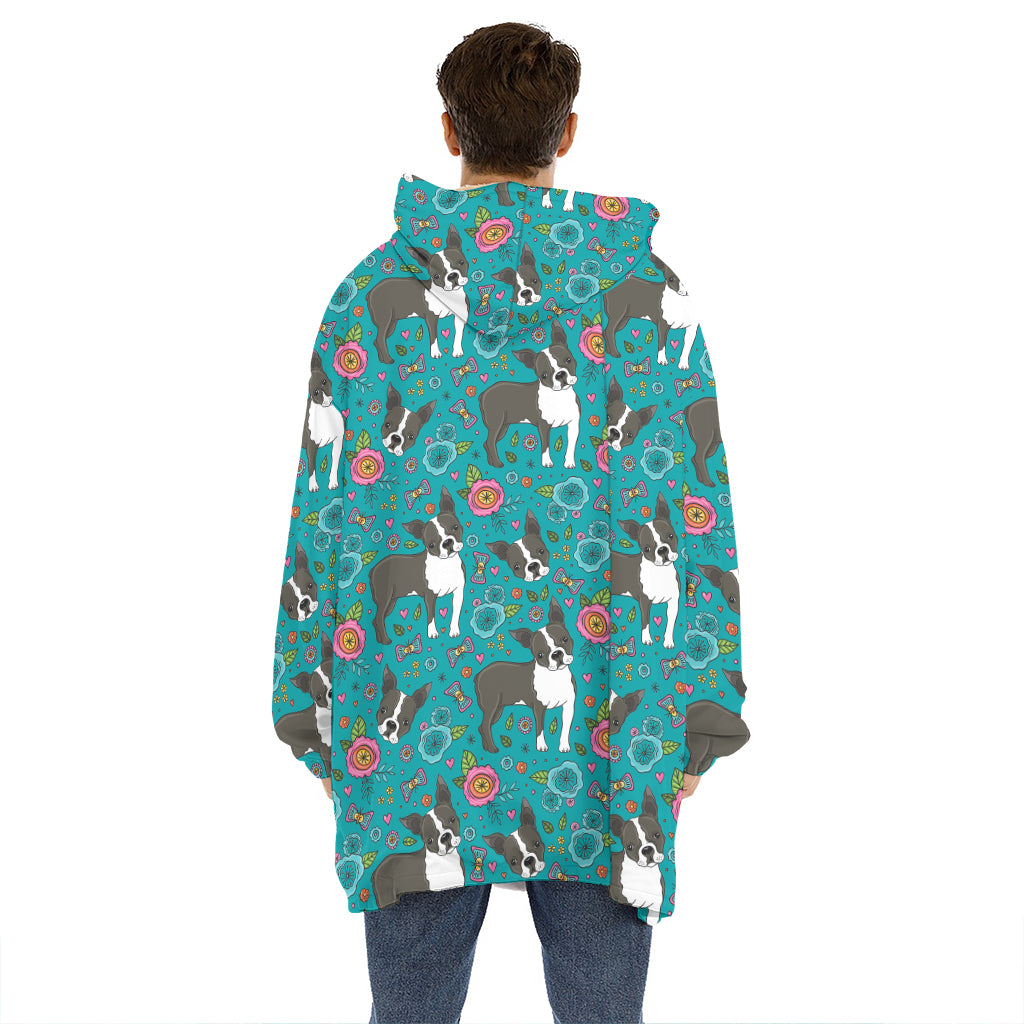 Cartoon Boston Terrier Flower Print Hoodie Blanket