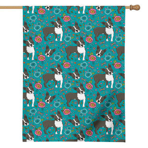 Cartoon Boston Terrier Flower Print House Flag