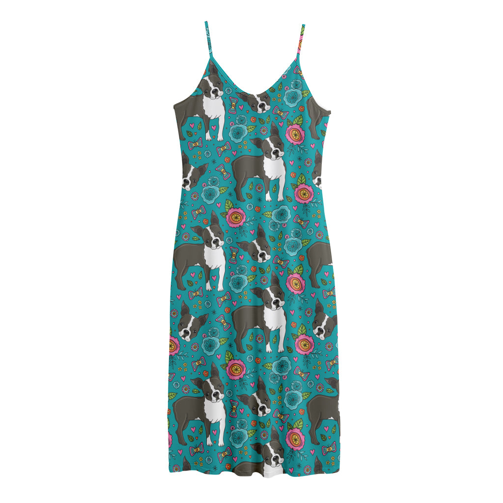 Cartoon Boston Terrier Flower Print Jersey Midi Cami Dress