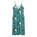 Cartoon Boston Terrier Flower Print Jersey Midi Cami Dress