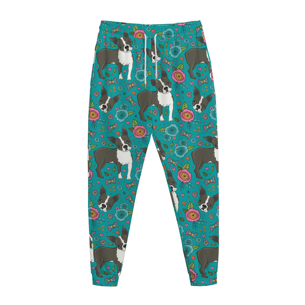 Cartoon Boston Terrier Flower Print Jogger Pants