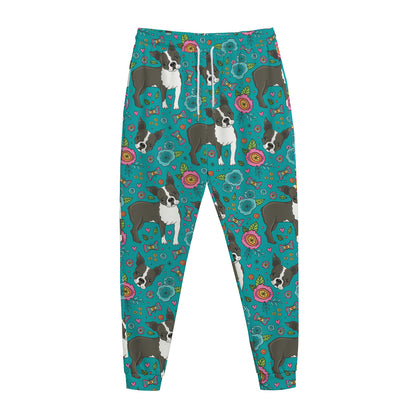 Cartoon Boston Terrier Flower Print Jogger Pants