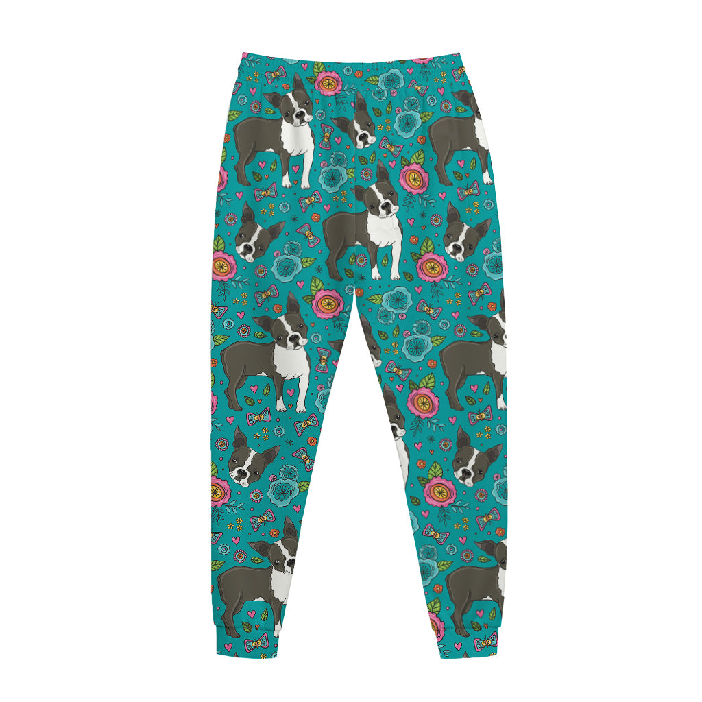 Cartoon Boston Terrier Flower Print Jogger Pants