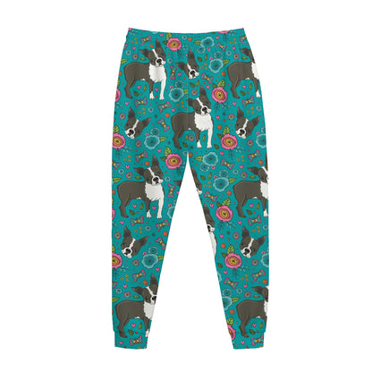 Cartoon Boston Terrier Flower Print Jogger Pants