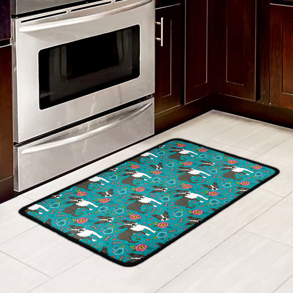 Cartoon Boston Terrier Flower Print Kitchen Mat