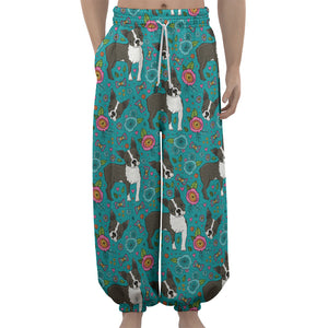 Cartoon Boston Terrier Flower Print Lantern Pants