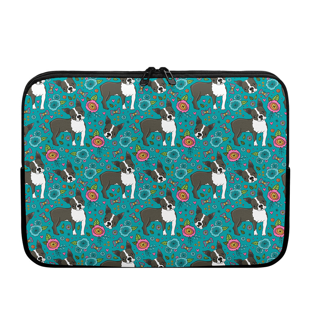 Cartoon Boston Terrier Flower Print Laptop Sleeve