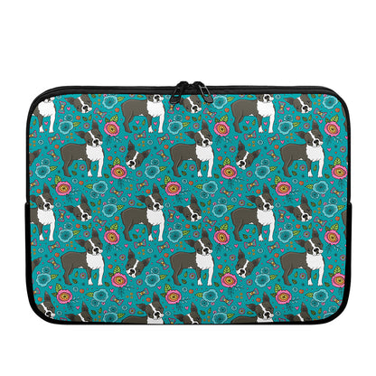 Cartoon Boston Terrier Flower Print Laptop Sleeve