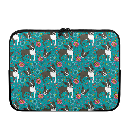 Cartoon Boston Terrier Flower Print Laptop Sleeve