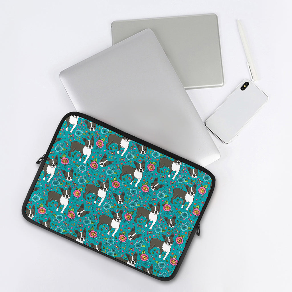 Cartoon Boston Terrier Flower Print Laptop Sleeve