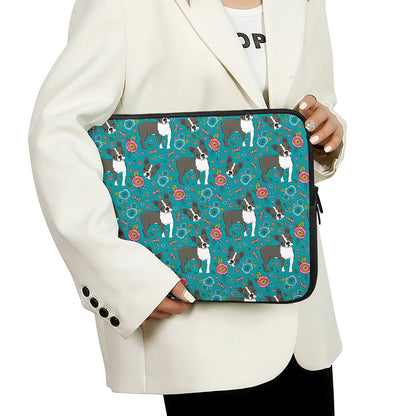Cartoon Boston Terrier Flower Print Laptop Sleeve