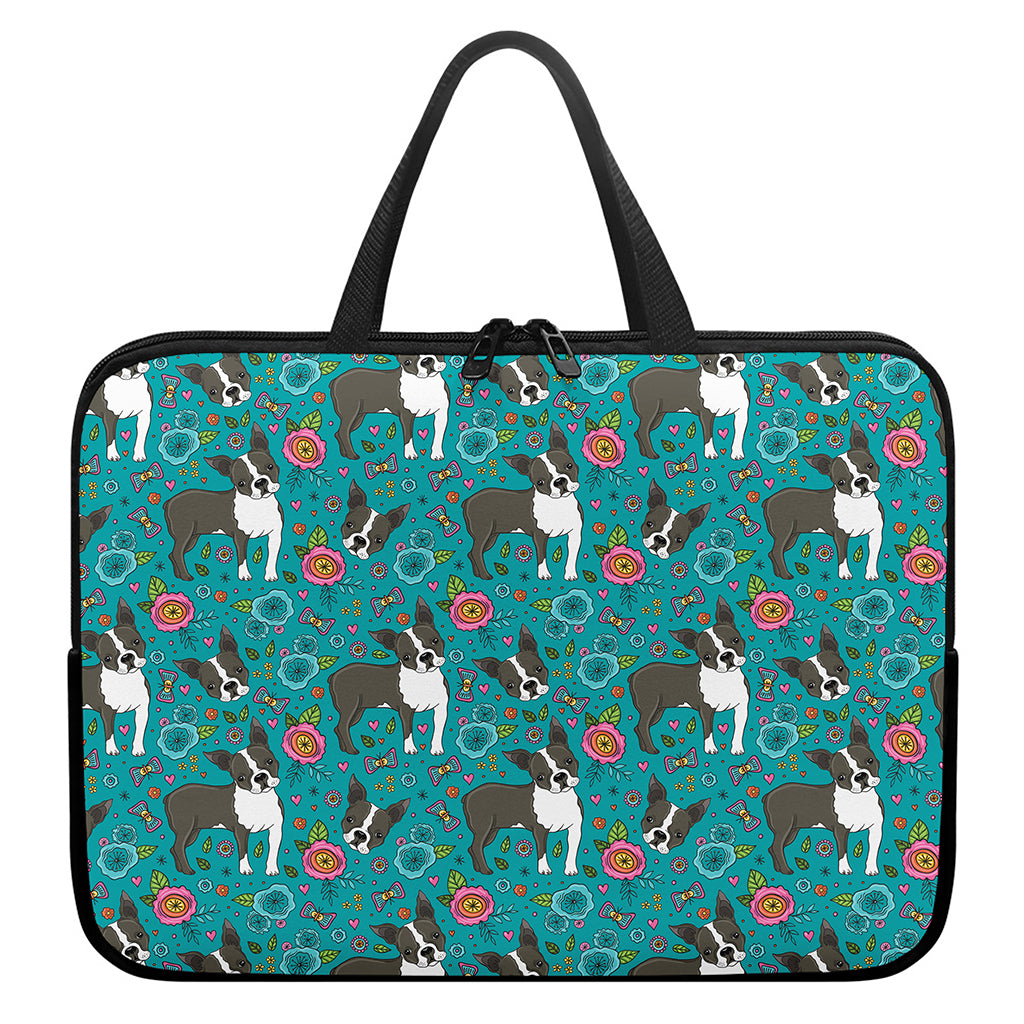 Cartoon Boston Terrier Flower Print Laptop Sleeve With Handle