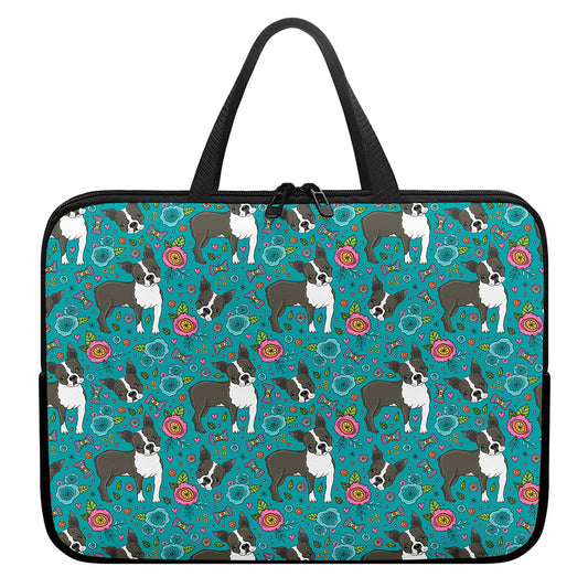 Cartoon Boston Terrier Flower Print Laptop Sleeve With Handle