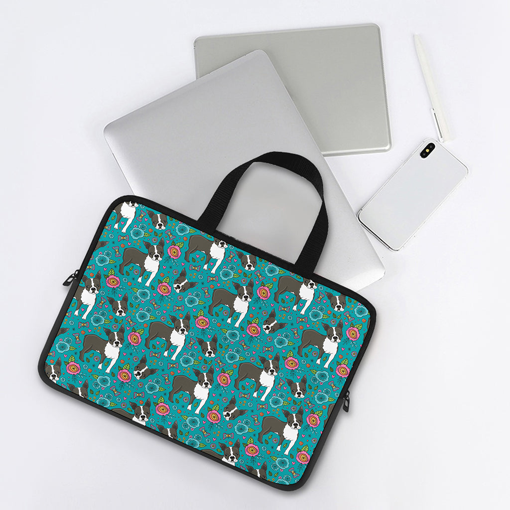 Cartoon Boston Terrier Flower Print Laptop Sleeve With Handle