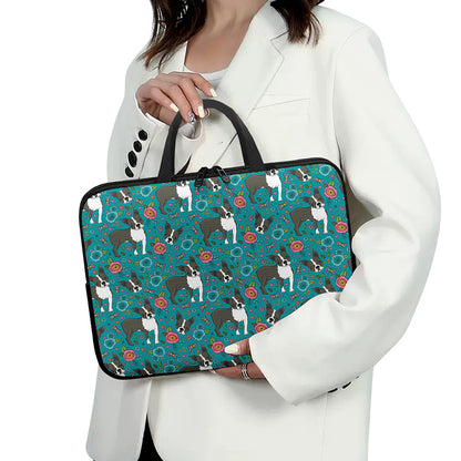 Cartoon Boston Terrier Flower Print Laptop Sleeve With Handle