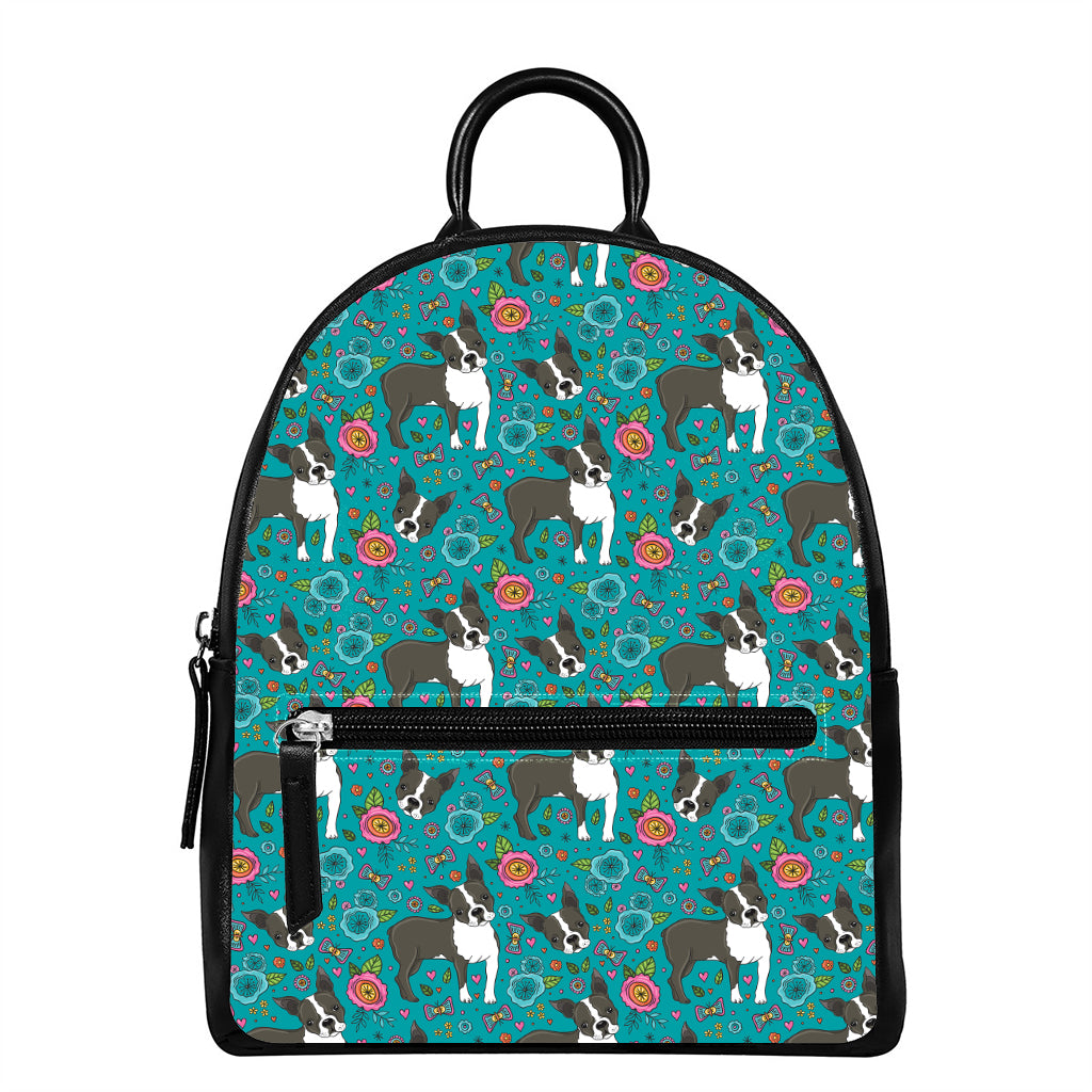 Cartoon Boston Terrier Flower Print Leather Backpack
