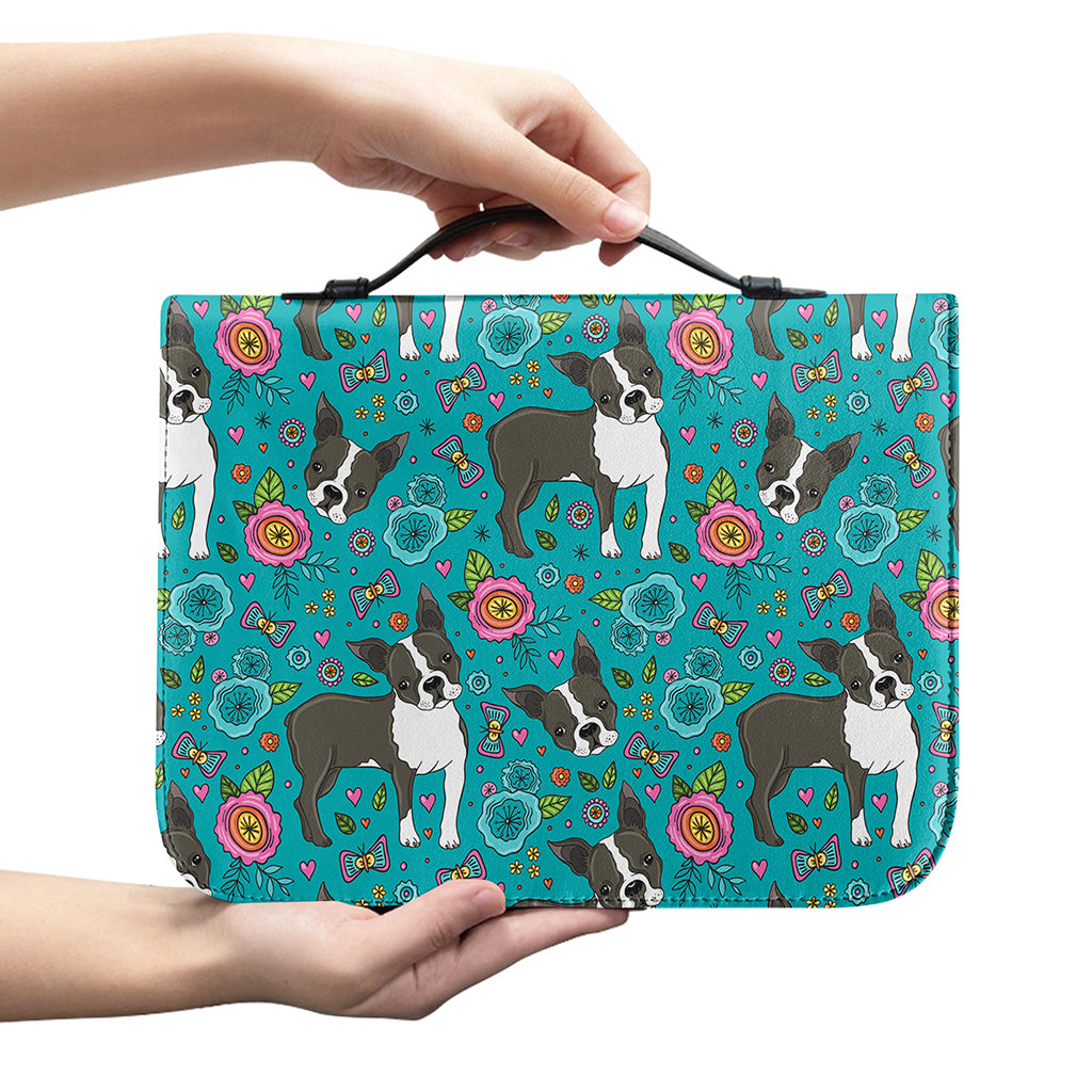 Cartoon Boston Terrier Flower Print Leather Bible Cover