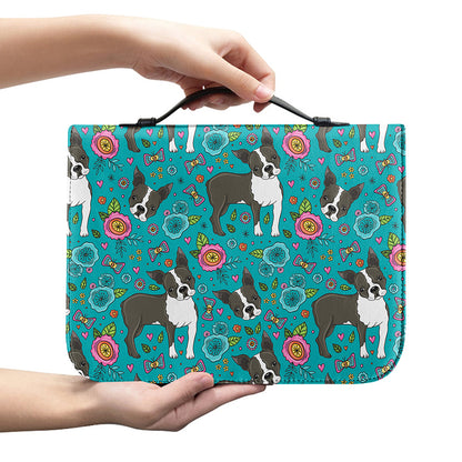 Cartoon Boston Terrier Flower Print Leather Bible Cover