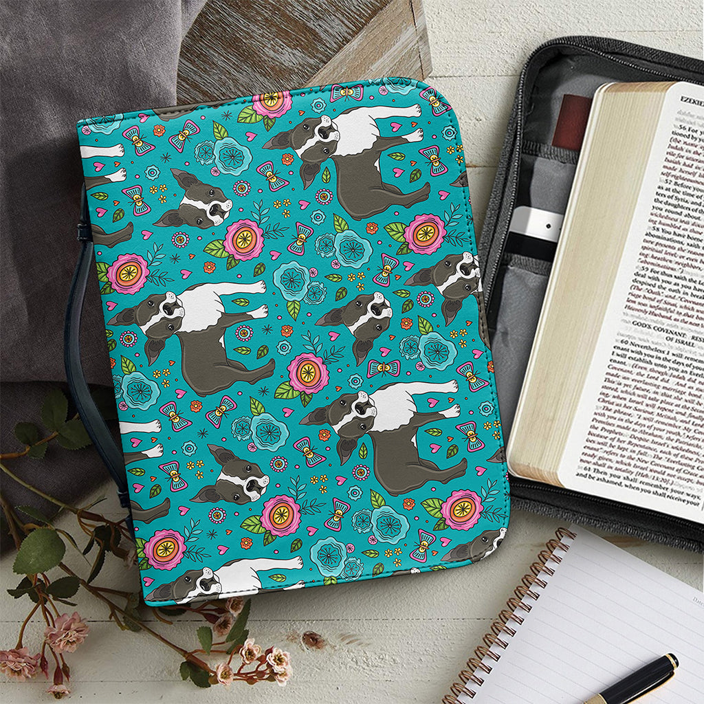 Cartoon Boston Terrier Flower Print Leather Bible Cover