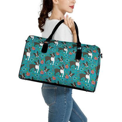 Cartoon Boston Terrier Flower Print Leather Duffle Bag