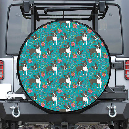 Cartoon Boston Terrier Flower Print Leather Spare Tire Cover