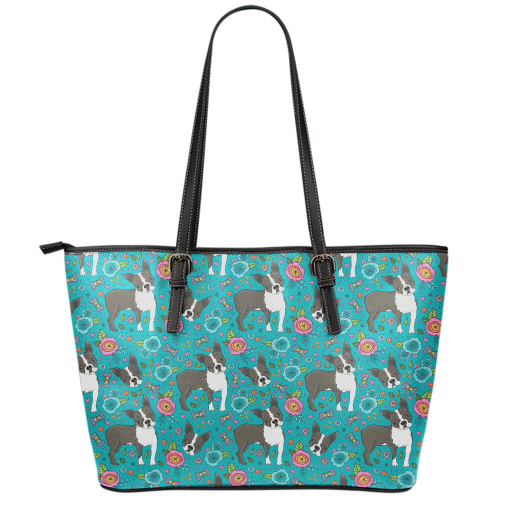 Cartoon Boston Terrier Flower Print Leather Tote Bag