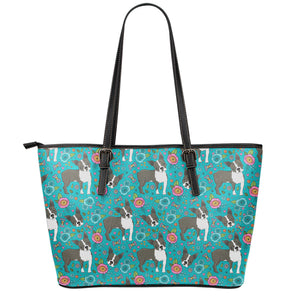 Cartoon Boston Terrier Flower Print Leather Tote Bag