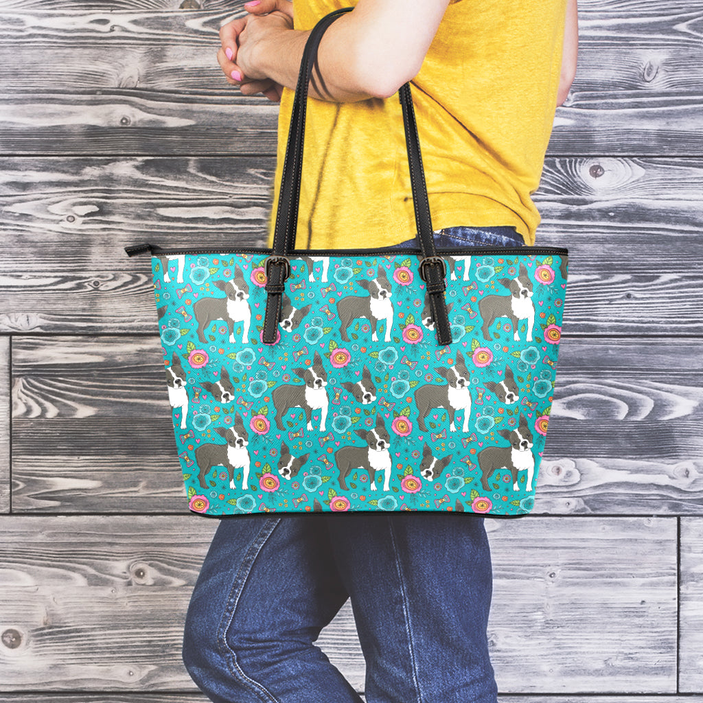 Cartoon Boston Terrier Flower Print Leather Tote Bag