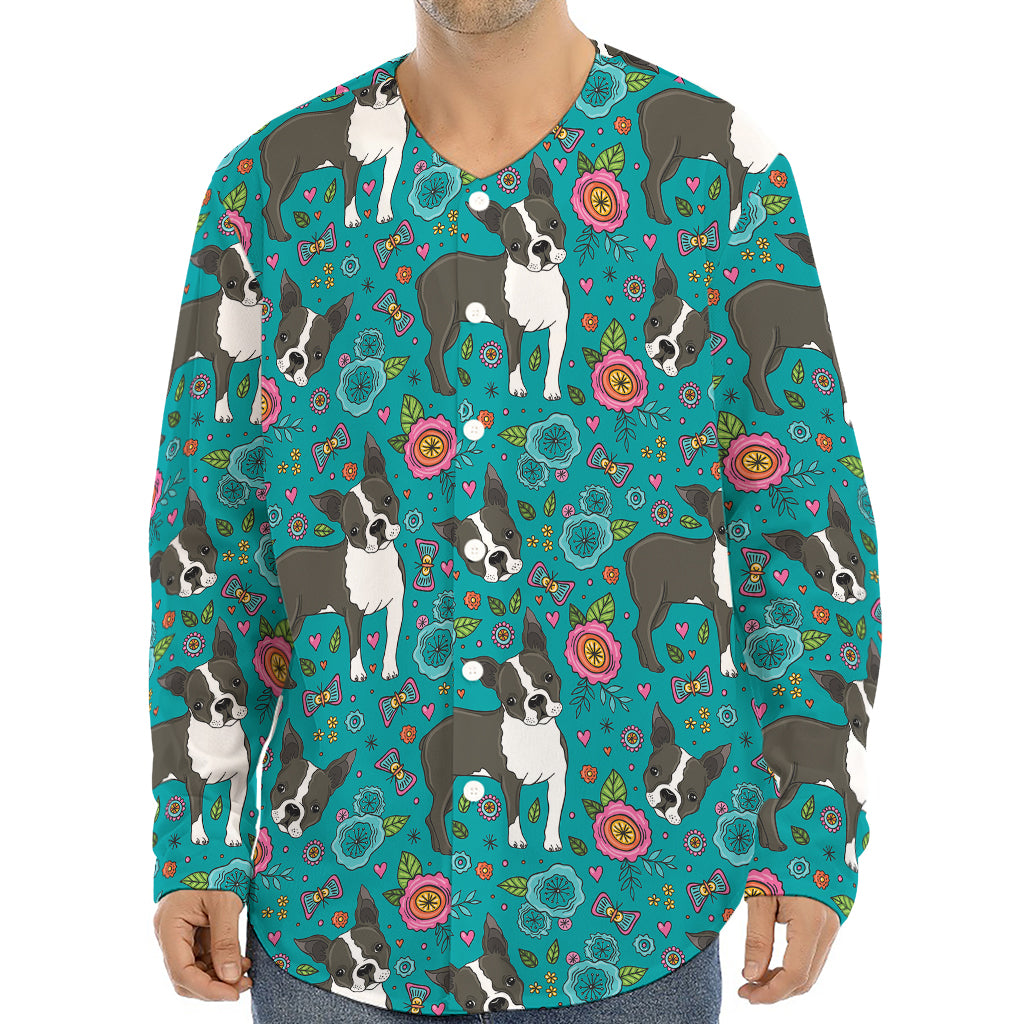 Cartoon Boston Terrier Flower Print Long Sleeve Baseball Jersey