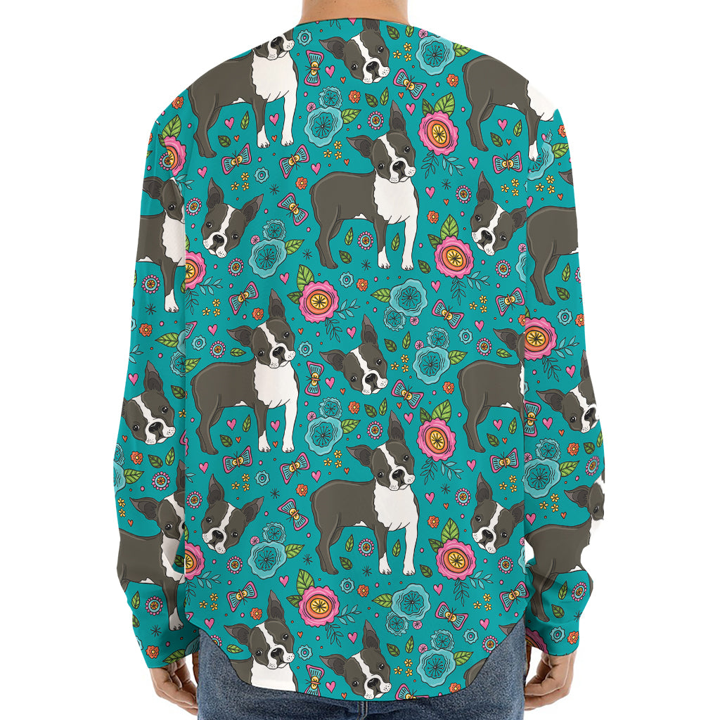 Cartoon Boston Terrier Flower Print Long Sleeve Baseball Jersey