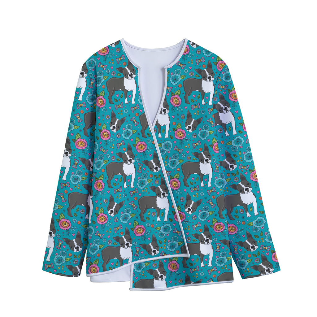 Cartoon Boston Terrier Flower Print Long Sleeve Short Coat